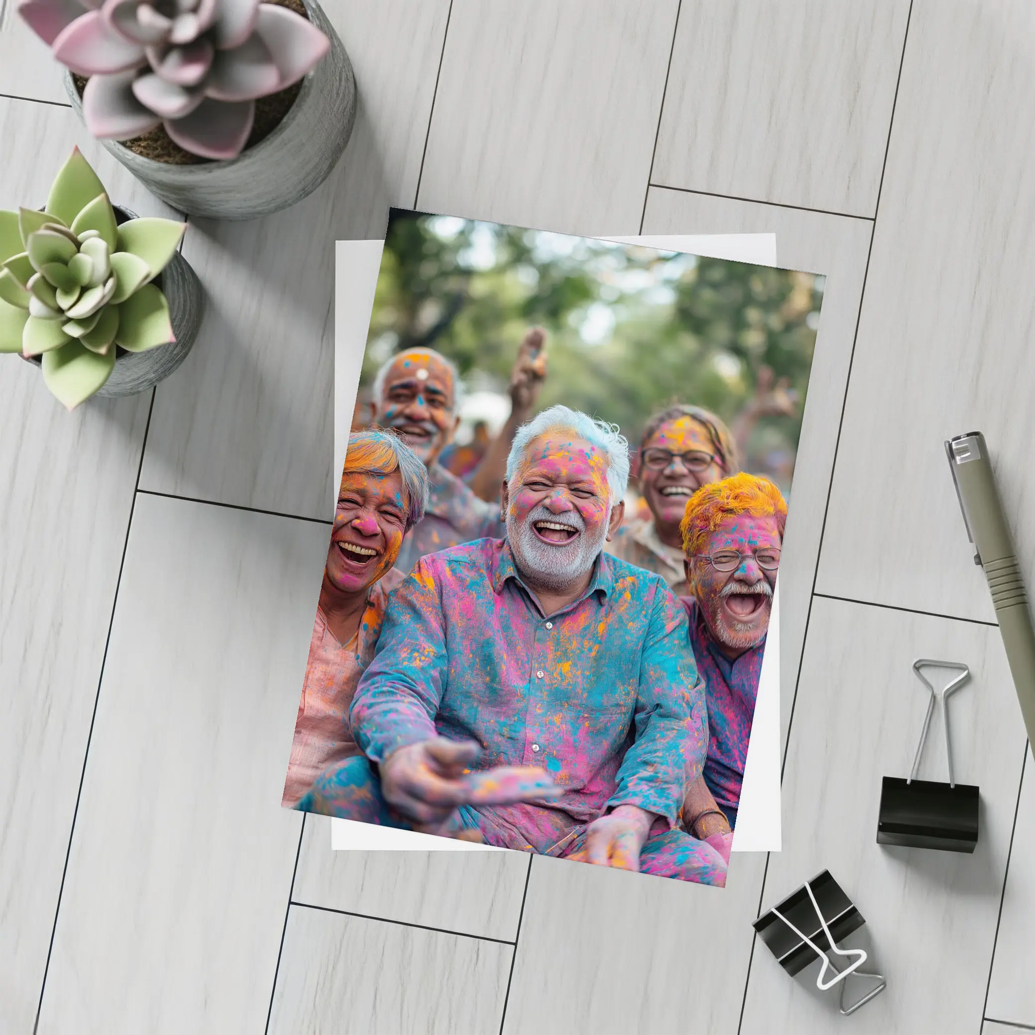 Elderly Men Celebrating Holi Festival Colorful Joy – Postcards