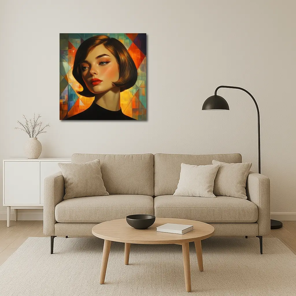 Retro Woman Portrait Geometric Colorful Background – Wall Art
