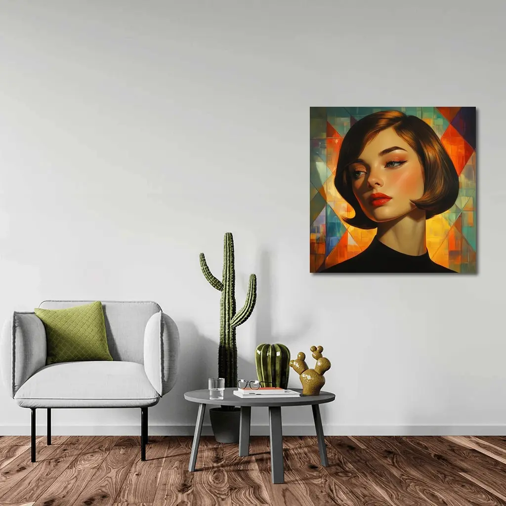 Retro Woman Portrait Geometric Colorful Background – Wall Art