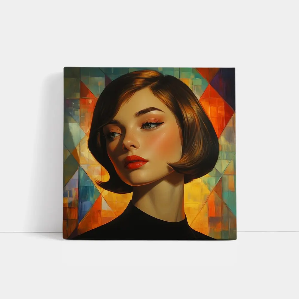Retro Woman Portrait Geometric Colorful Background – Wall Art