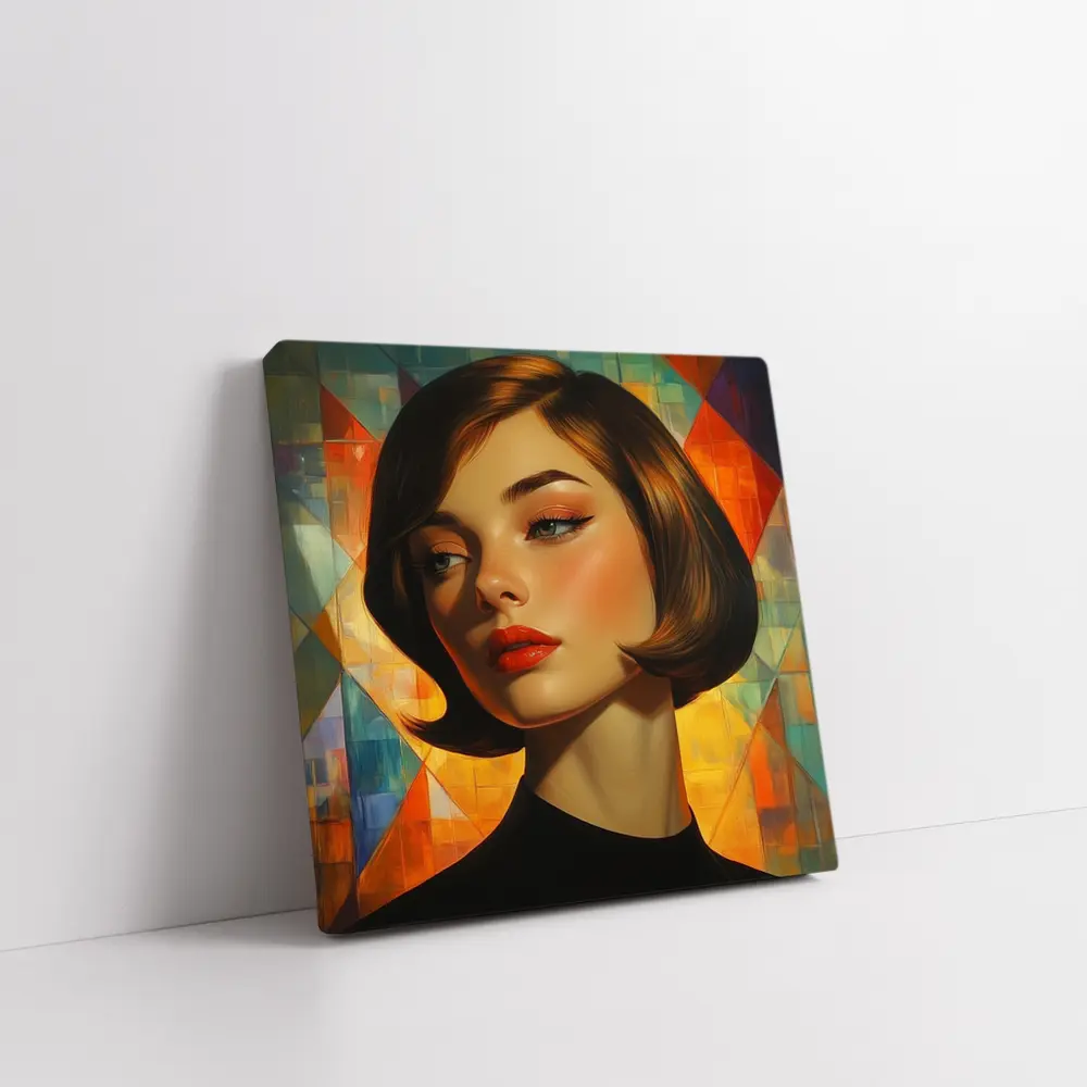 Retro Woman Portrait Geometric Colorful Background – Wall Art