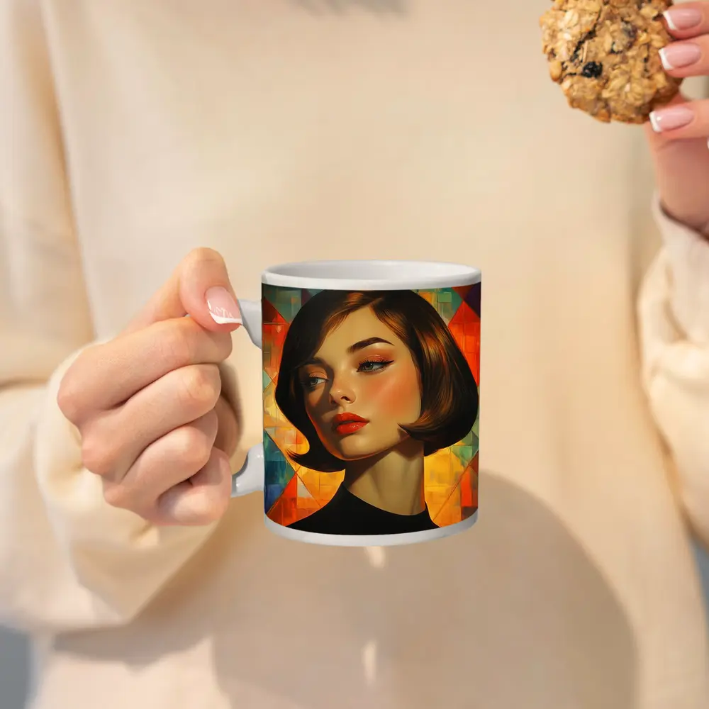 Retro Woman Portrait Geometric Colorful Background – Mugs