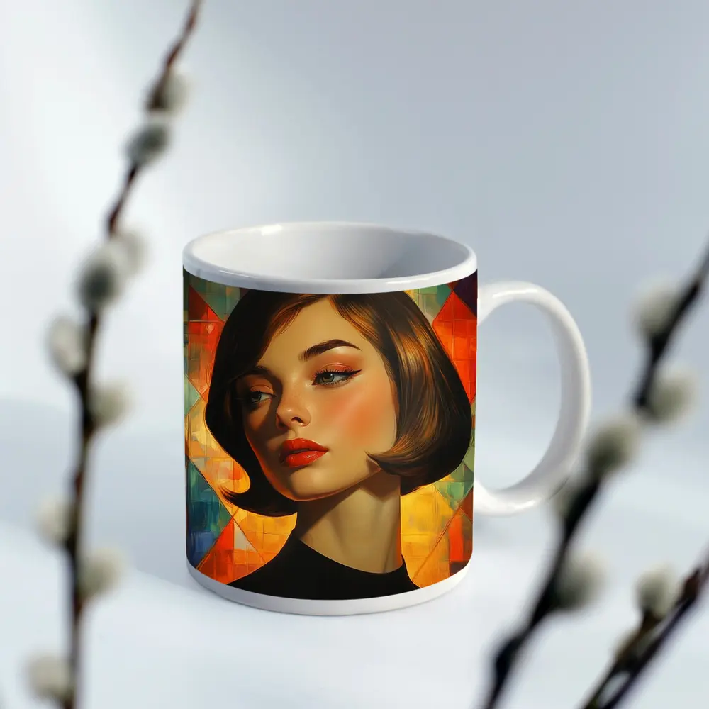 Retro Woman Portrait Geometric Colorful Background – Mugs