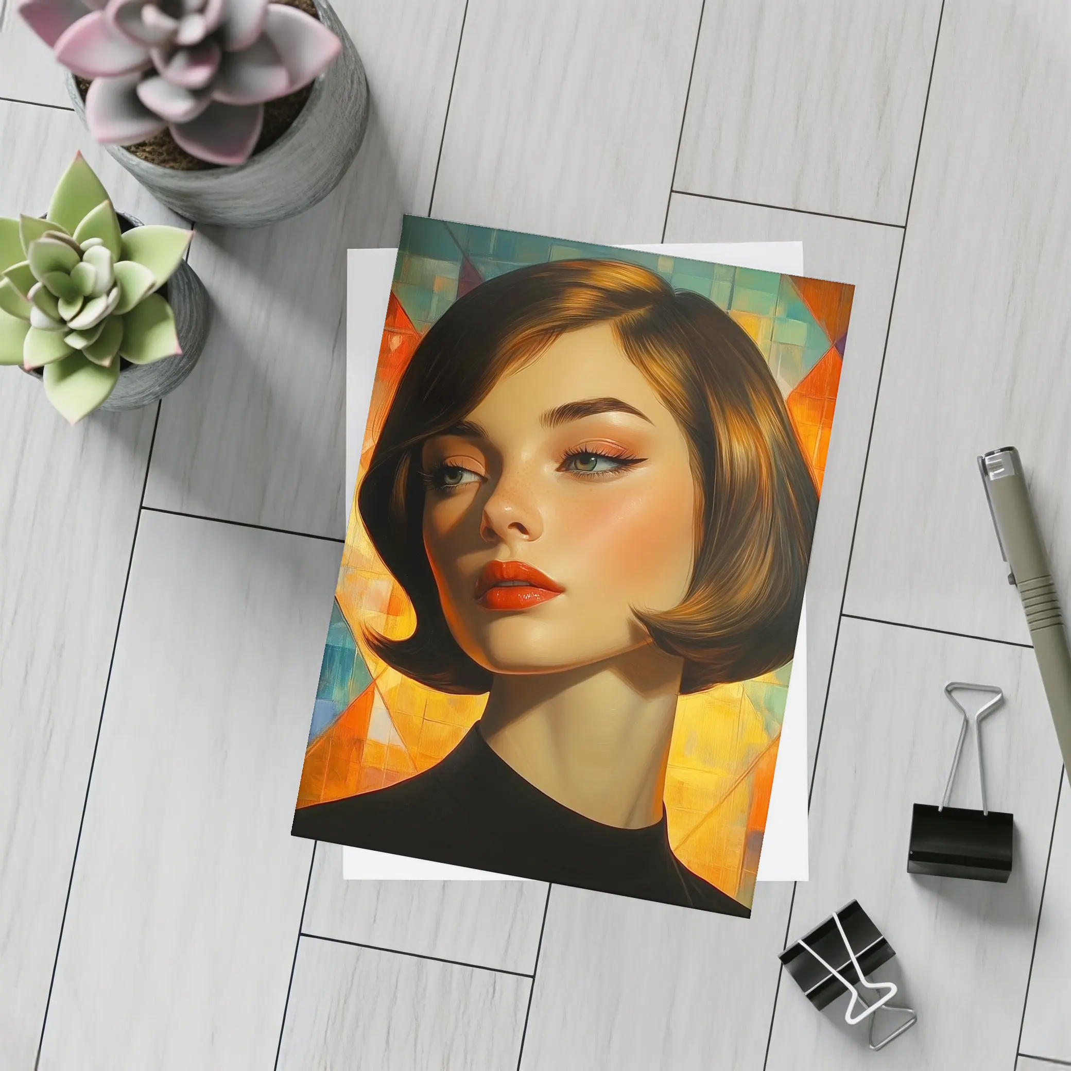Retro Woman Portrait Geometric Colorful Background – Postcards