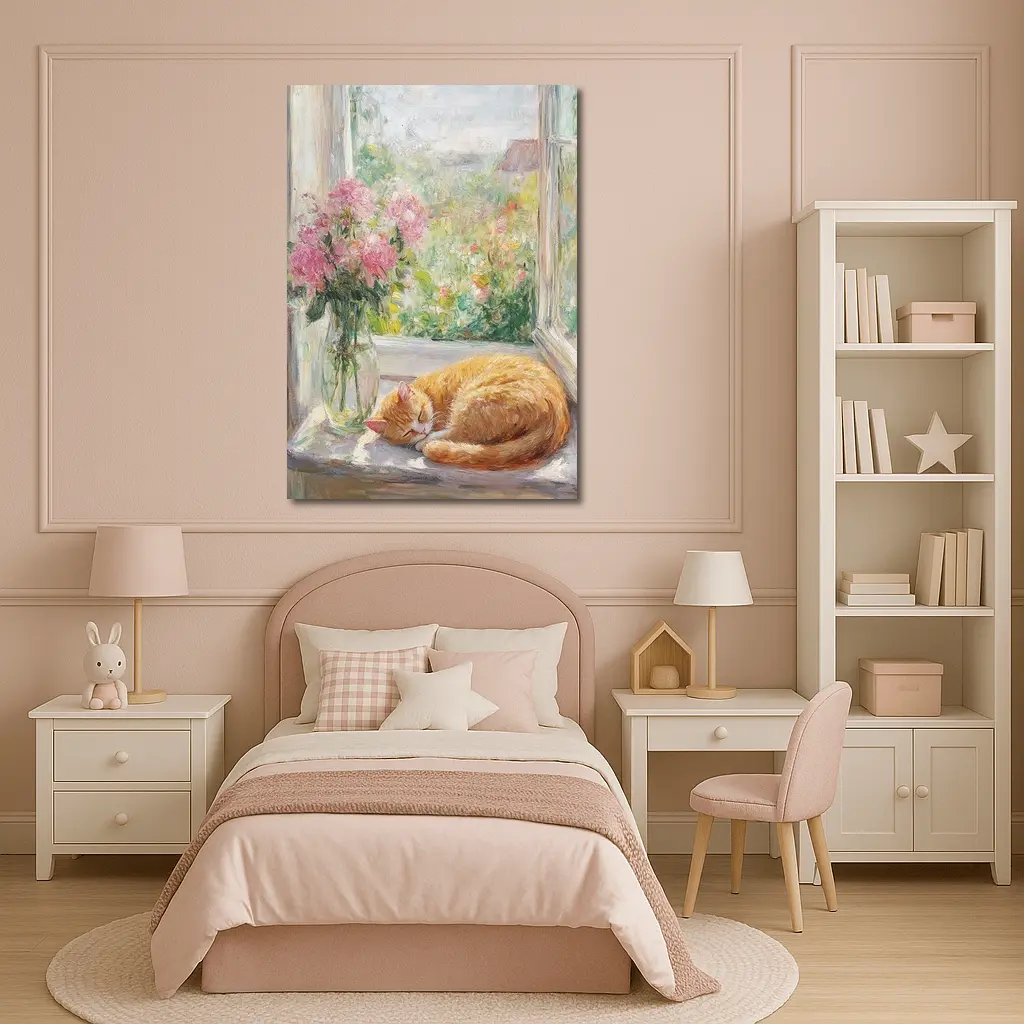 Orange Cat Sleeping on Sunny Window Sill – Wall Art