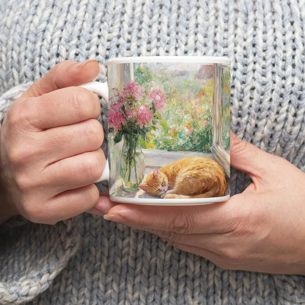 Orange Cat Sleeping on Sunny Window Sill – Mugs