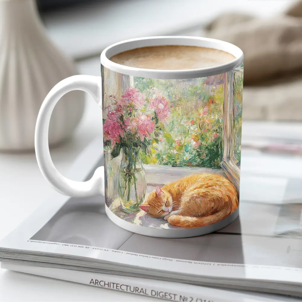 Orange Cat Sleeping on Sunny Window Sill – Mugs