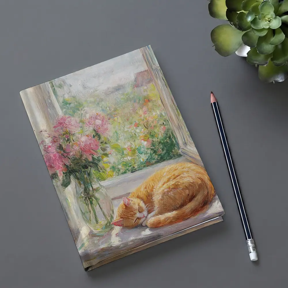 Orange Cat Sleeping on Sunny Window Sill – Notebooks