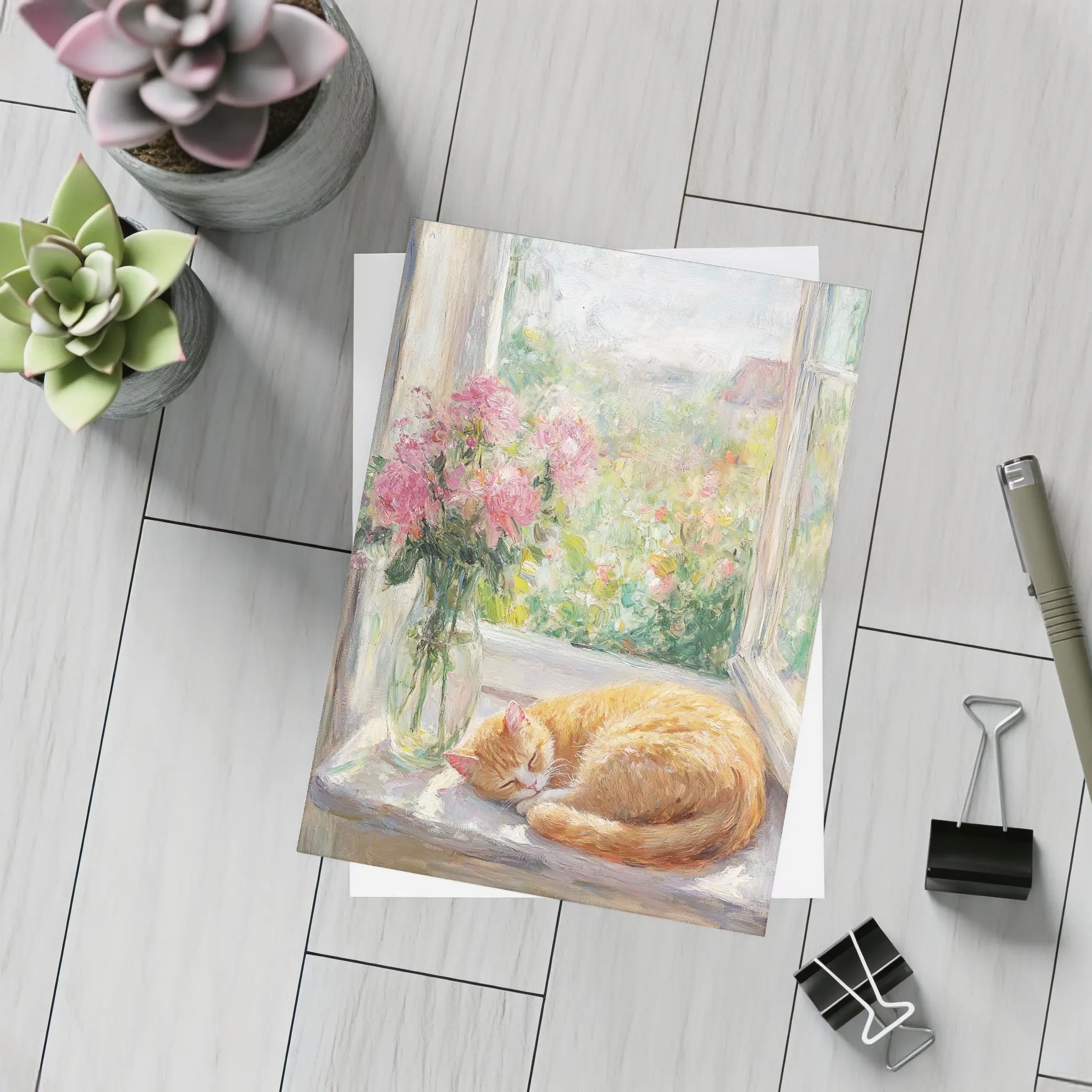 Orange Cat Sleeping on Sunny Window Sill – Postcards