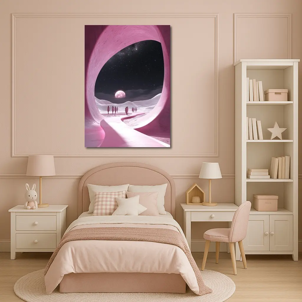 Pink Cave Portal Surreal Moonlit Desert – Wall Art