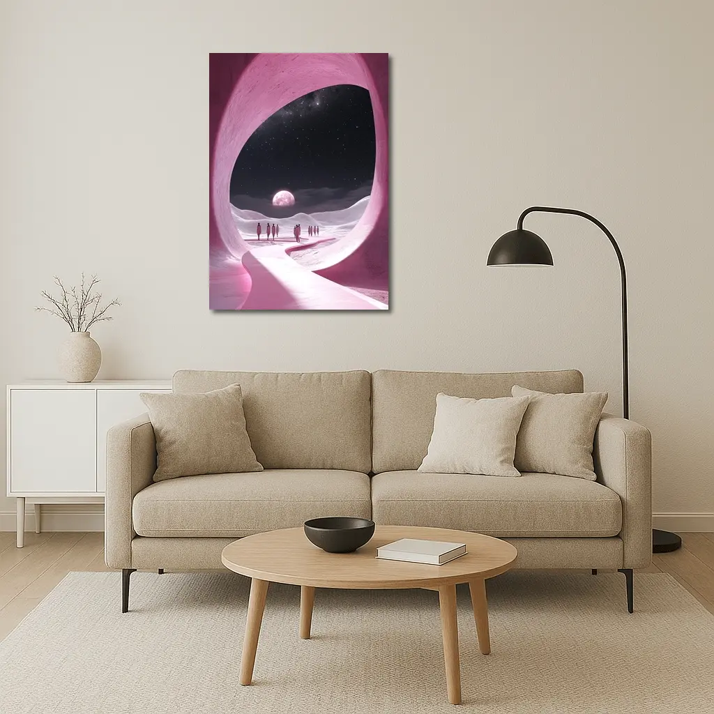 Pink Cave Portal Surreal Moonlit Desert – Wall Art