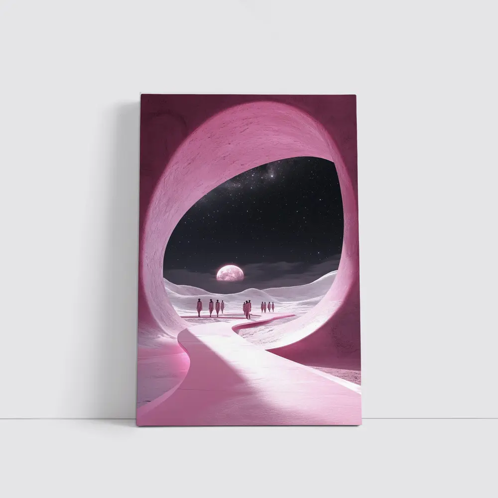 Pink Cave Portal Surreal Moonlit Desert – Wall Art