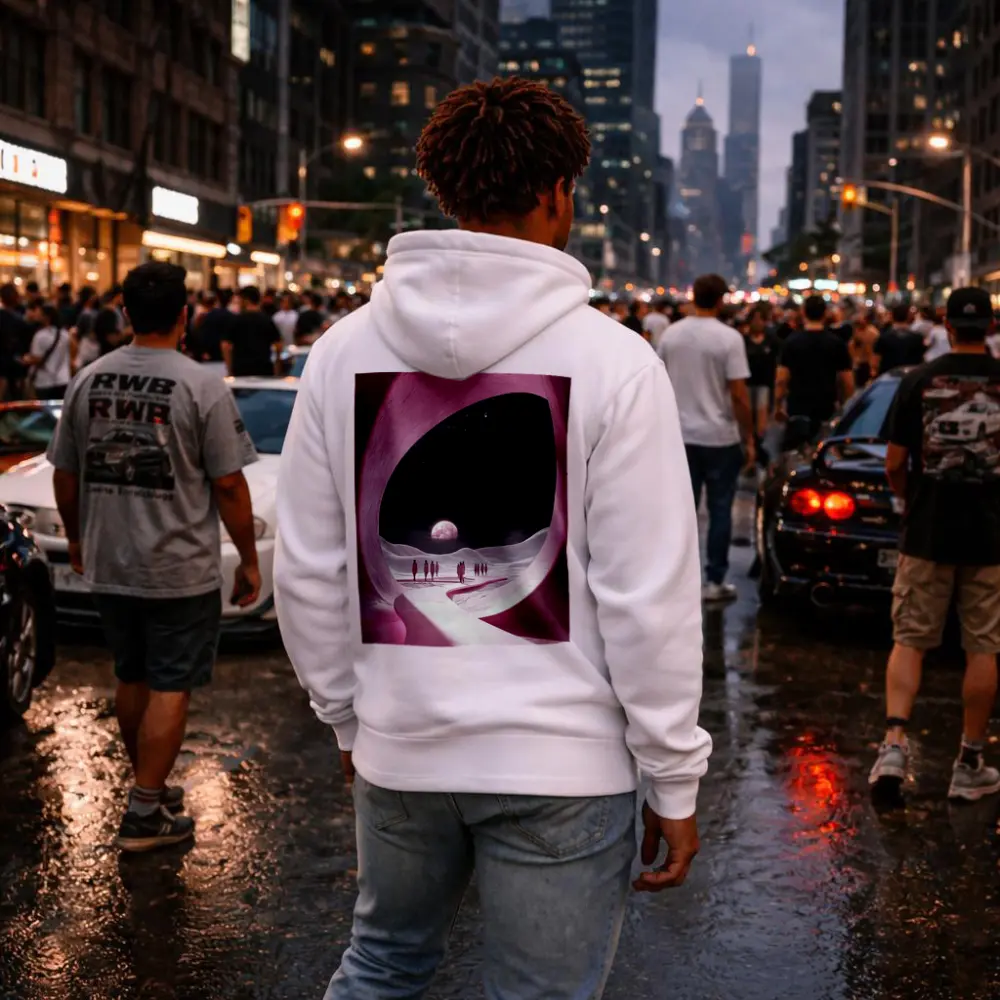 Pink Cave Portal Surreal Moonlit Desert – Hoodies