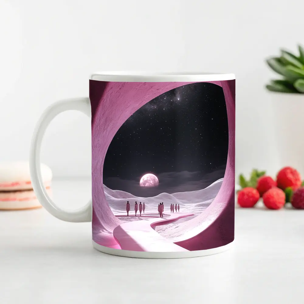 Pink Cave Portal Surreal Moonlit Desert – Mugs