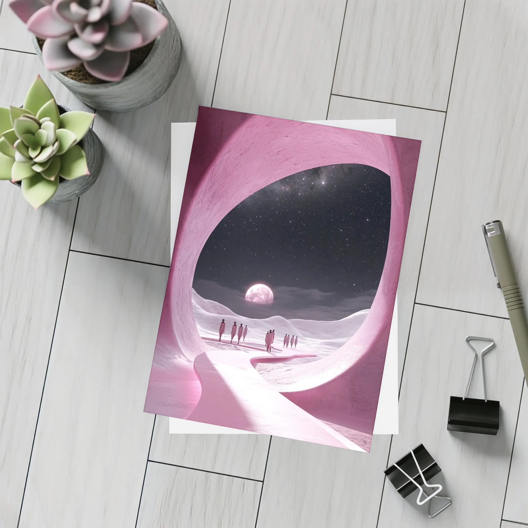 Pink Cave Portal Surreal Moonlit Desert – Postcards