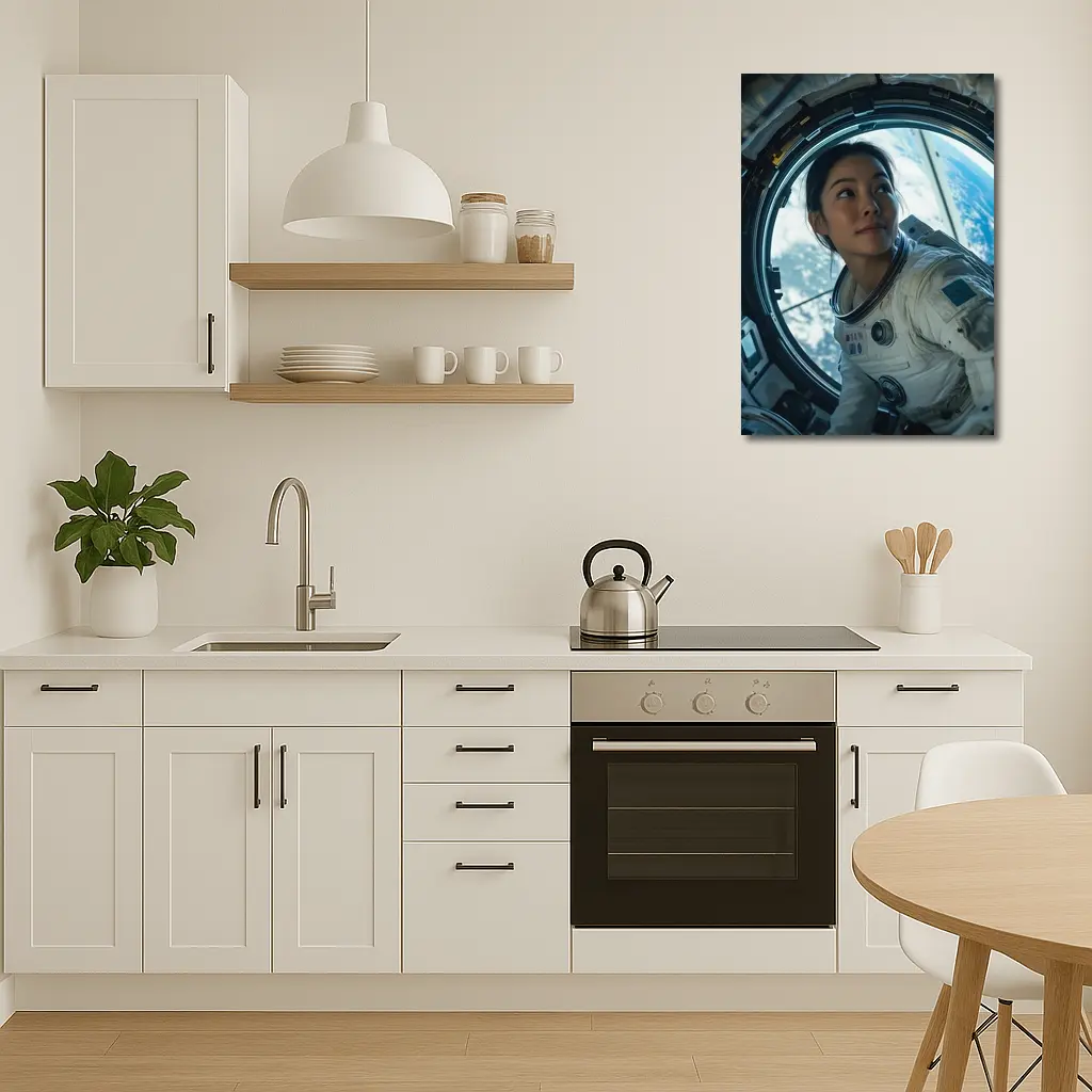 Female Astronaut Looking Through Space Station Window – Wall Art
