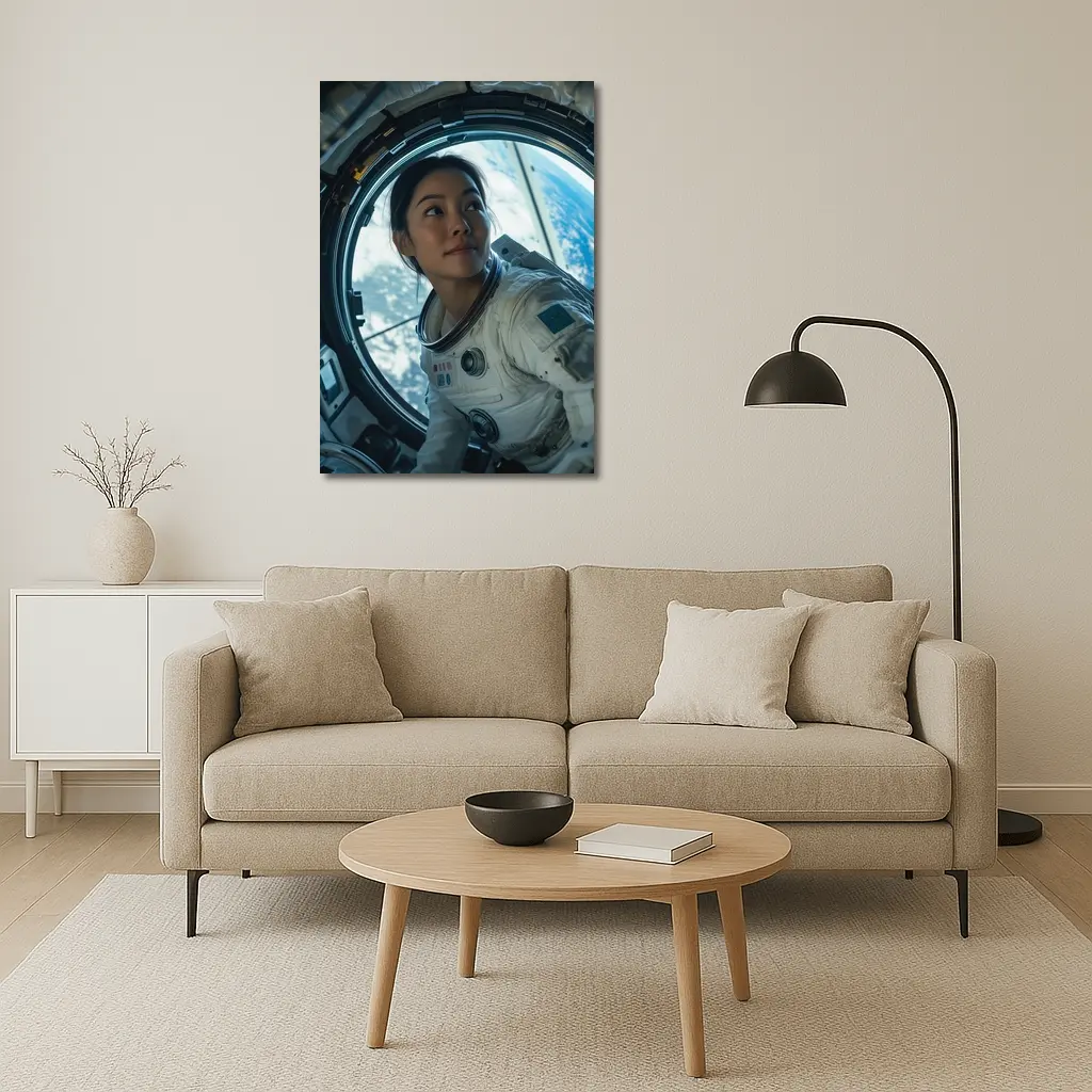 Female Astronaut Looking Through Space Station Window – Wall Art