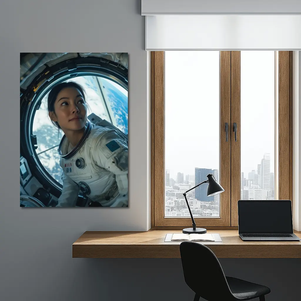 Female Astronaut Looking Through Space Station Window – Wall Art