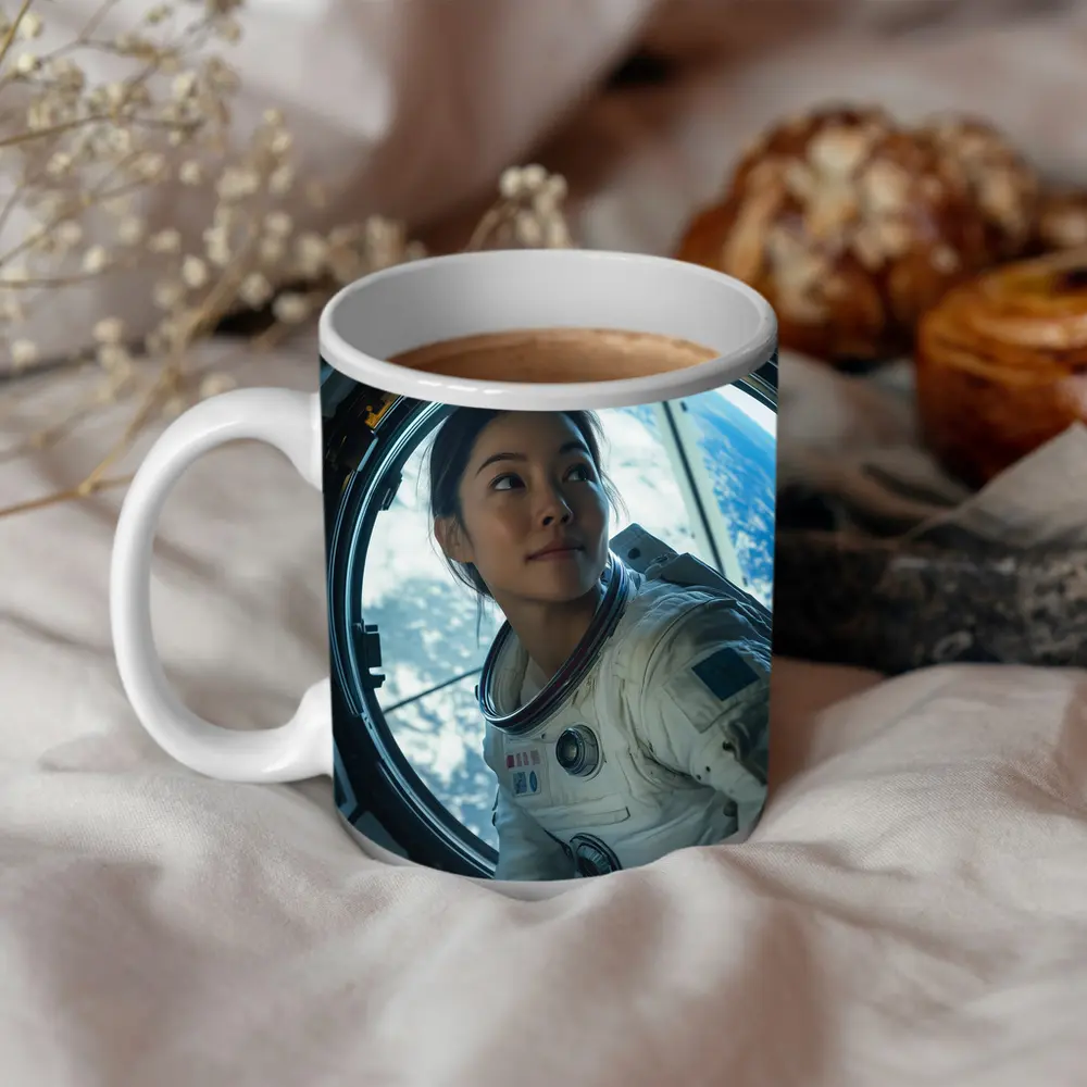 Female Astronaut Looking Through Space Station Window – Mugs