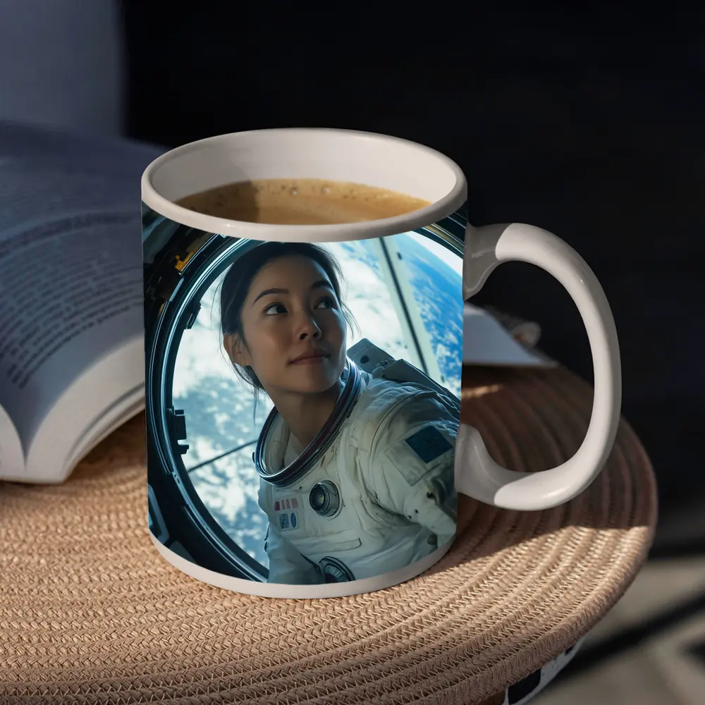 Female Astronaut Looking Through Space Station Window – Mugs