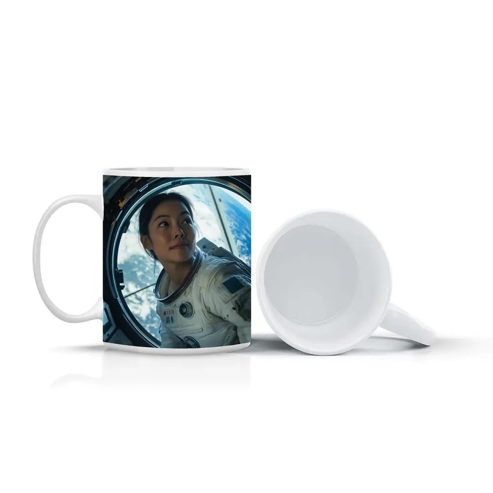 Female Astronaut Looking Through Space Station Window – Mugs
