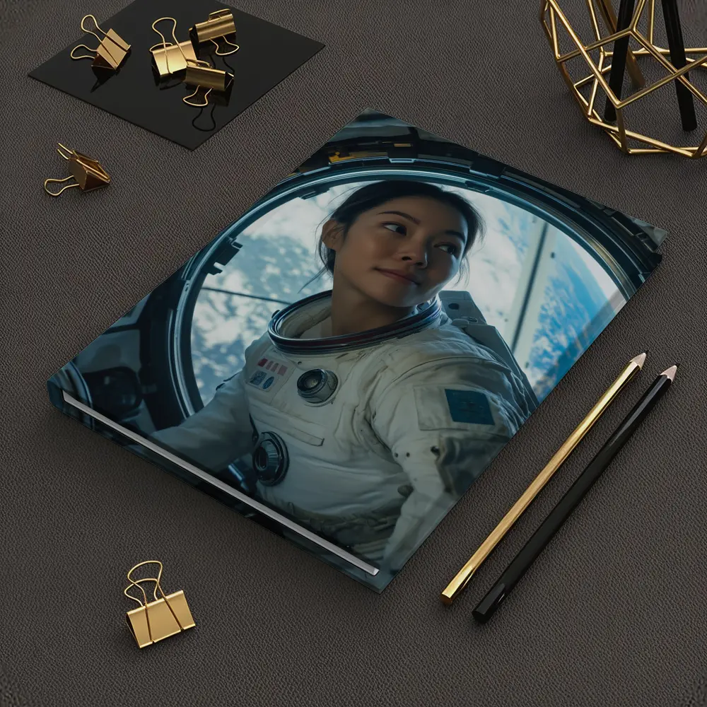 Female Astronaut Looking Through Space Station Window – Notebooks