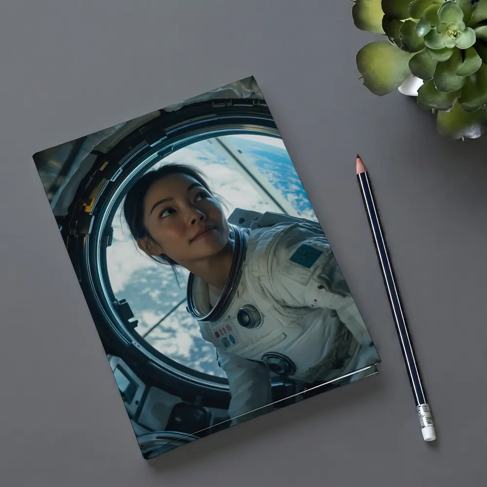 Female Astronaut Looking Through Space Station Window – Notebooks