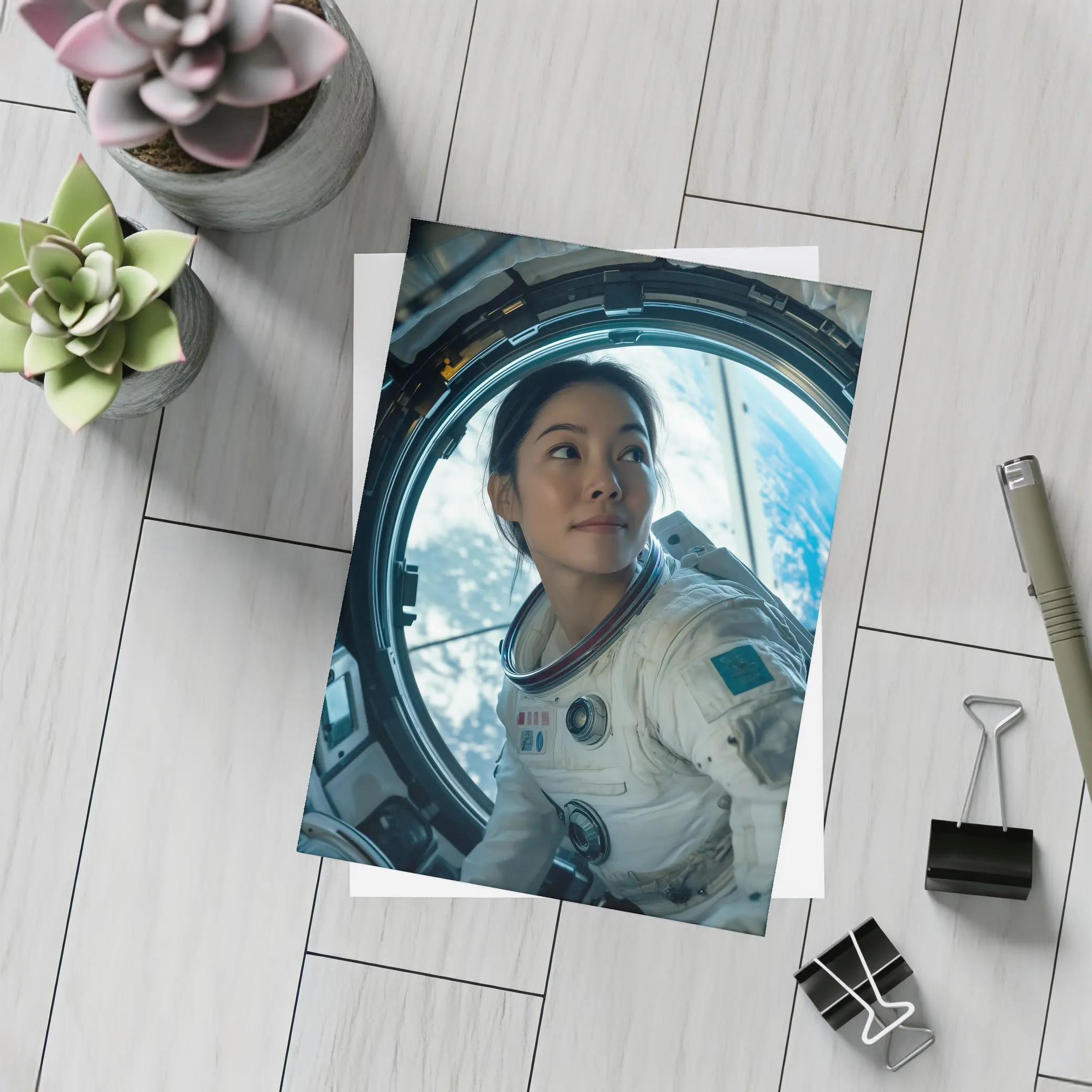 Female Astronaut Looking Through Space Station Window – Postcards