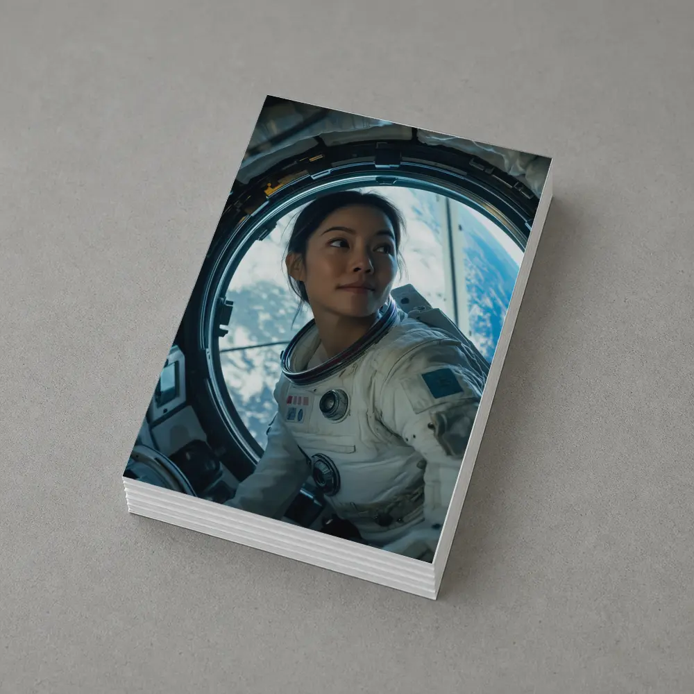 Female Astronaut Looking Through Space Station Window – Postcards
