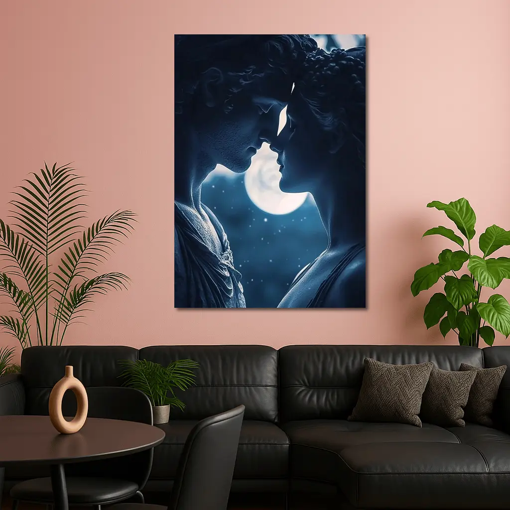 Greek Marble Statues Kissing Under Moon – Wall Art