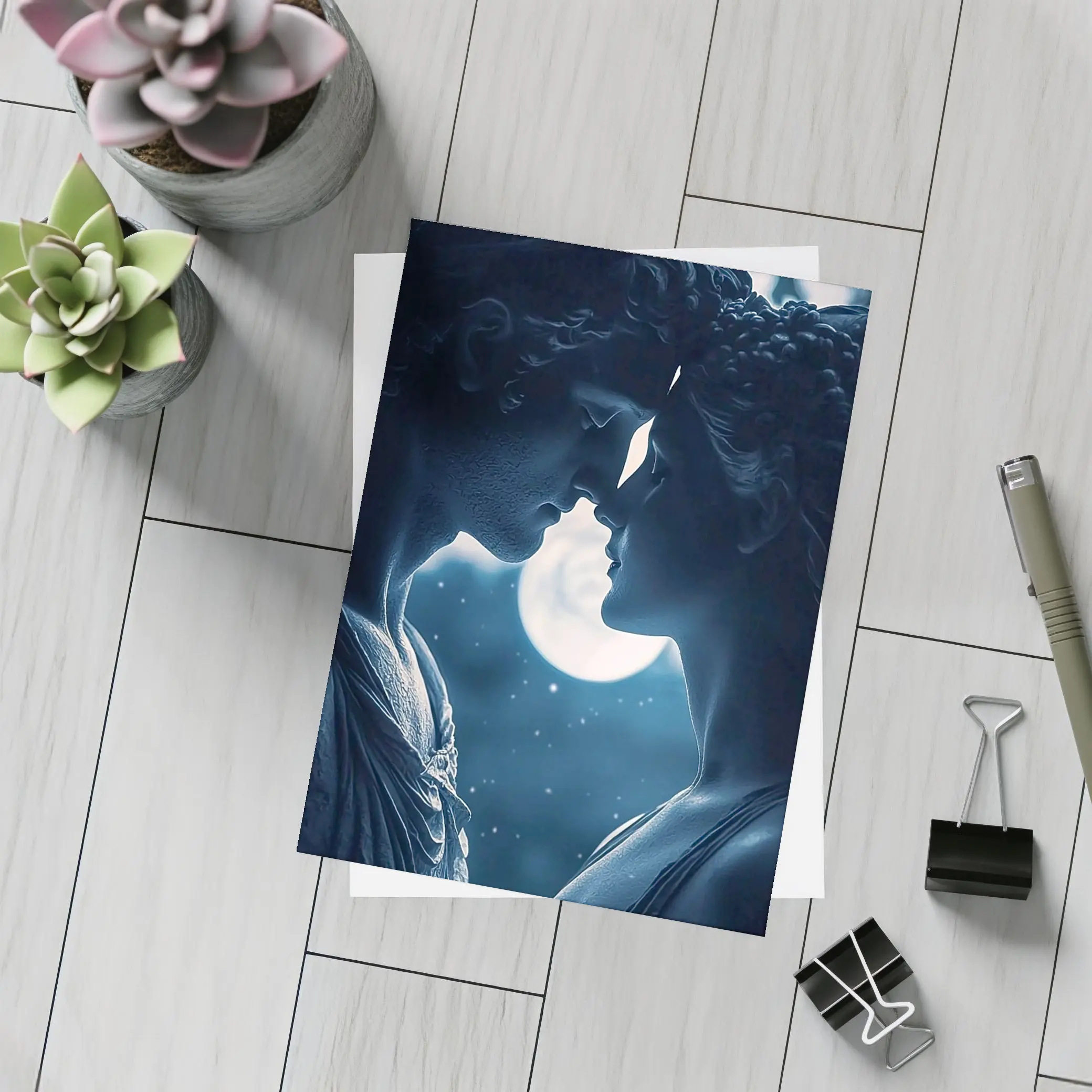 Greek Marble Statues Kissing Under Moon – Postcards