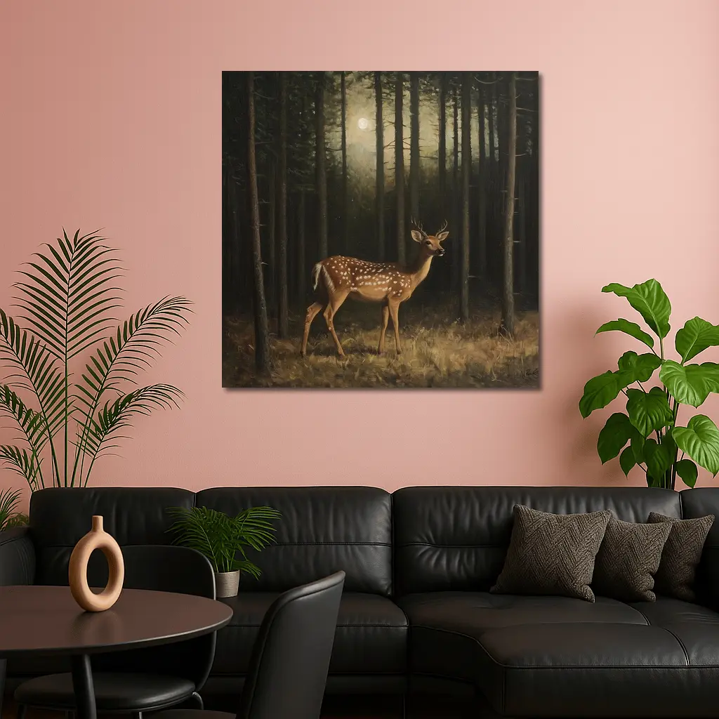 Spotted Deer Standing In Dark Forest – Wall Art