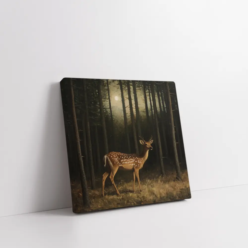Spotted Deer Standing In Dark Forest – Wall Art
