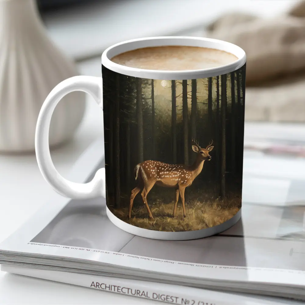 Spotted Deer Standing In Dark Forest – Mugs