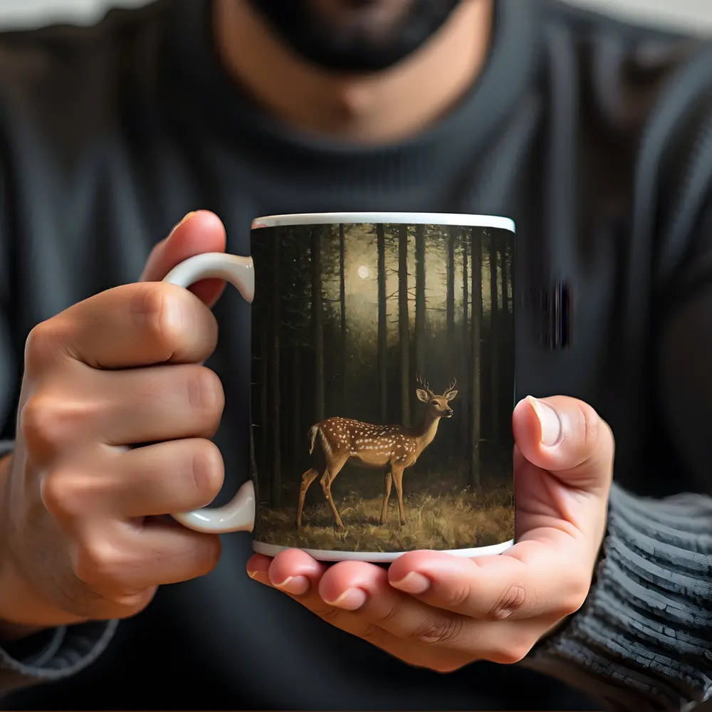 Spotted Deer Standing In Dark Forest – Mugs