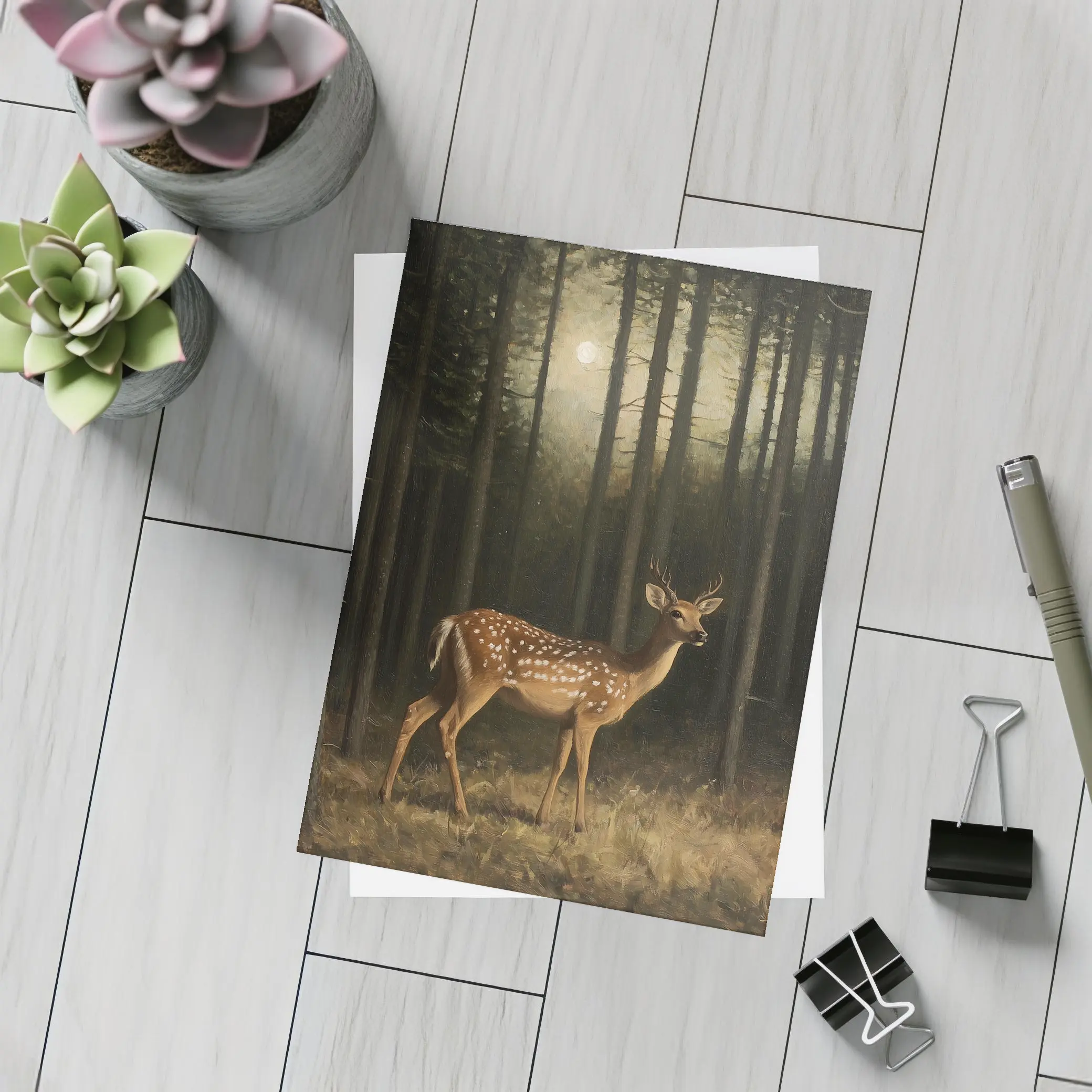 Spotted Deer Standing In Dark Forest – Postcards