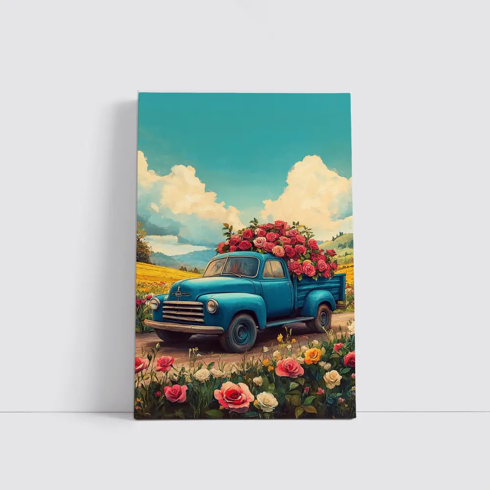 Blue Vintage Truck Roses Floral Field – Wall Art