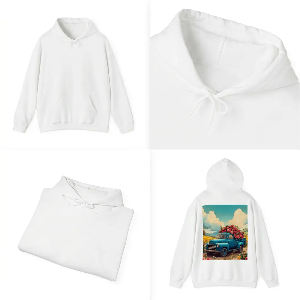 Blue Vintage Truck Roses Floral Field – Hoodies
