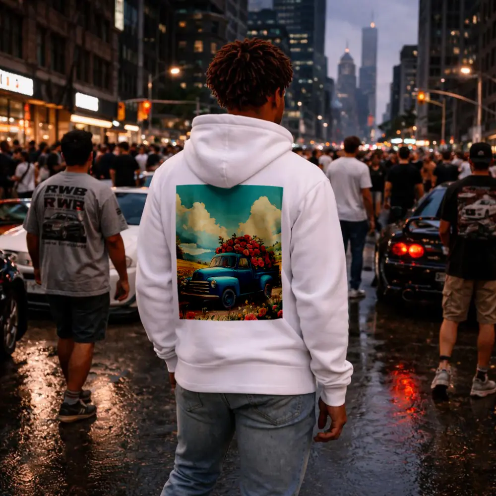 Blue Vintage Truck Roses Floral Field – Hoodies