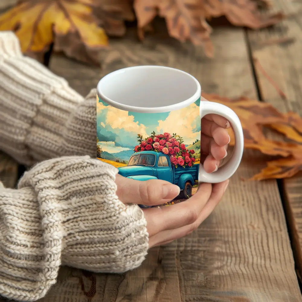 Blue Vintage Truck Roses Floral Field – Mugs