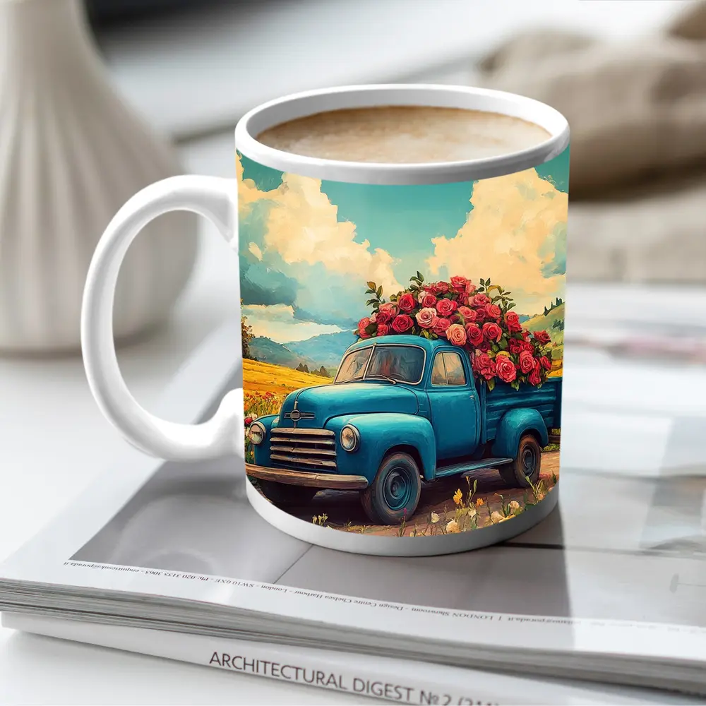 Blue Vintage Truck Roses Floral Field – Mugs