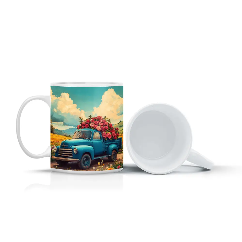 Blue Vintage Truck Roses Floral Field – Mugs