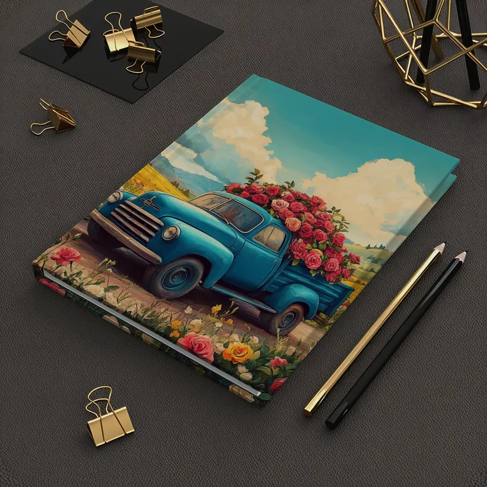 Blue Vintage Truck Roses Floral Field – Notebooks