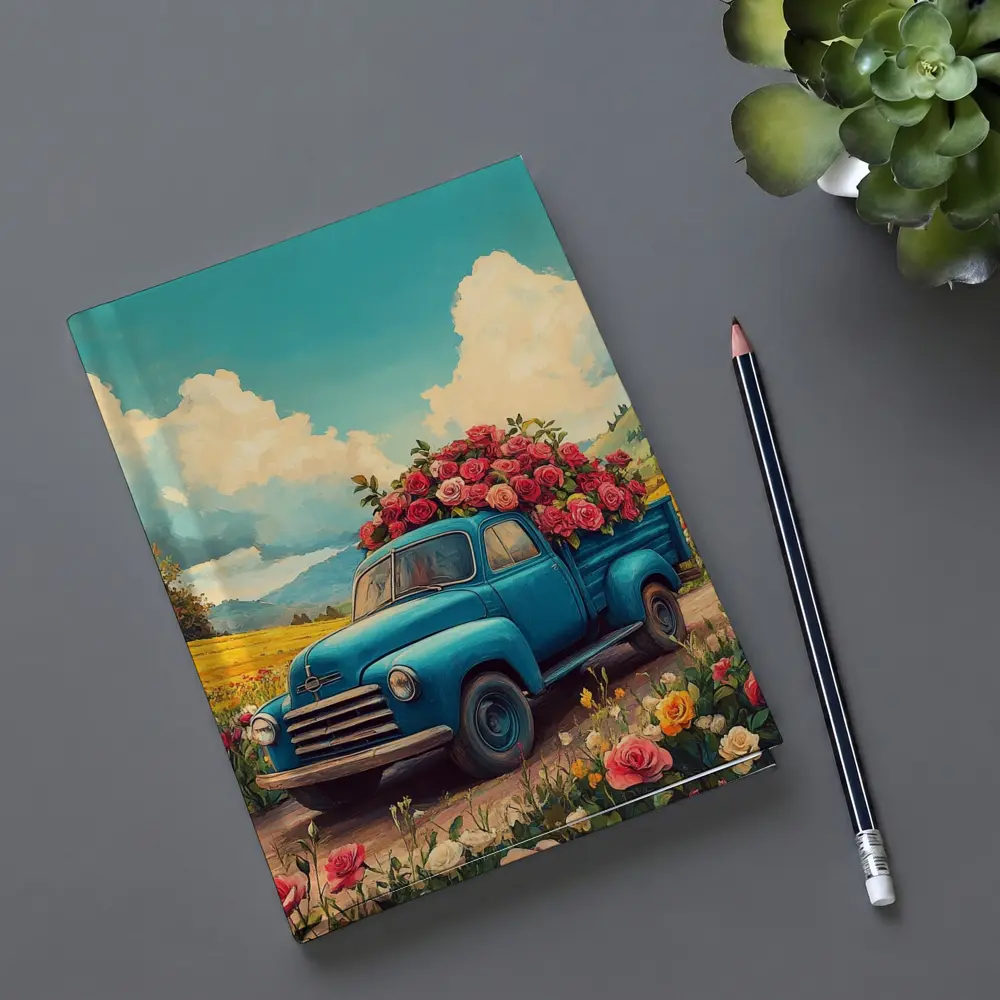 Blue Vintage Truck Roses Floral Field – Notebooks
