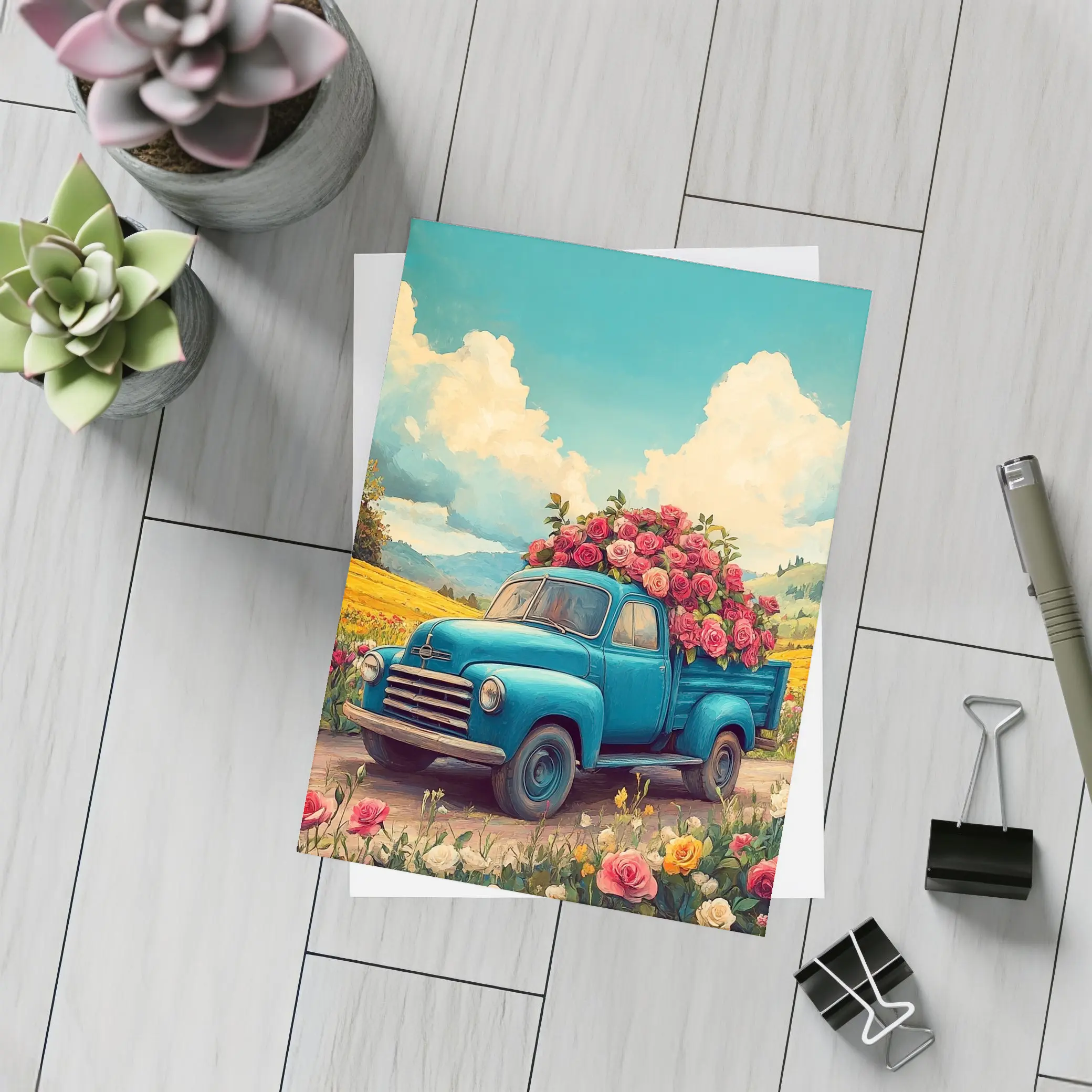 Blue Vintage Truck Roses Floral Field – Postcards