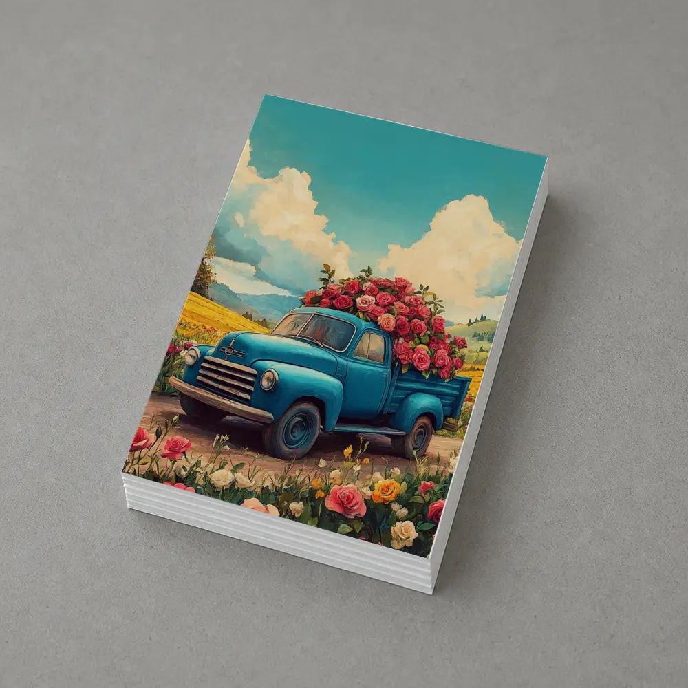 Blue Vintage Truck Roses Floral Field – Postcards