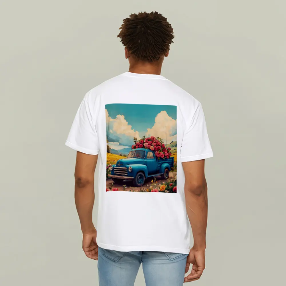Blue Vintage Truck Roses Floral Field – T-Shirts