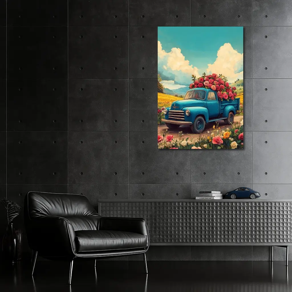 Blue Vintage Truck Roses Floral Field – Wall Art