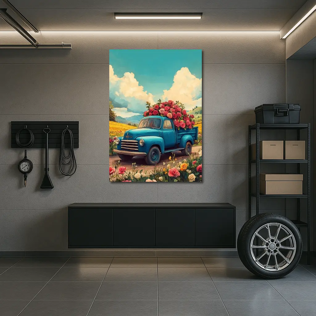 Blue Vintage Truck Roses Floral Field – Wall Art