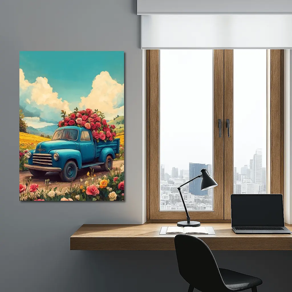 Blue Vintage Truck Roses Floral Field – Wall Art